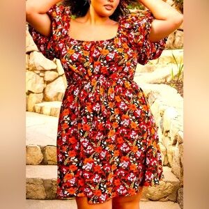 Shein Fit Size 22 Allover Floral Print Square Neck Puff Sleeve Dress